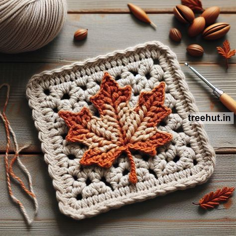 Leaf Crochet Coaster Ideas Jute Crochet Ideas, Spooky Crochet Squares, Leaves Granny Square, Crochet Ideas For Autumn, Pumpkin Crochet Granny Square, Leaf Crochet Granny Square, Crochet Patterns Autumn, Maple Leaf Granny Square, Fall Coasters Diy