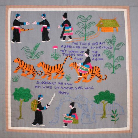 Laos Textiles, Hmong Art, Tiger Attack, Hmong Embroidery, Paj Ntaub, Cloth Embroidery, Folk Stories, Stitching Techniques, Animal Embroidery