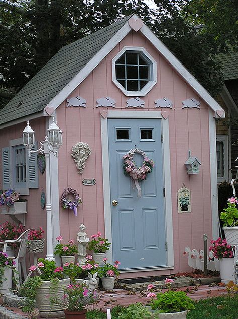 So whimsy..and such a sweet touch for the backyard. Pink Shed, Shed Paint Colours, Cool Sheds, Tiny House Village, Shed Decor, Wendy House, Cottage Retreat, Small Cottages, Pink Cottage