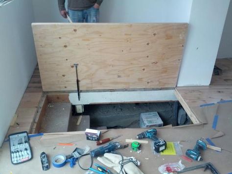 Help! Floor door into basement with gas springs - DoItYourself.com Community Forums Trap Door In Floor, Trap Door To Basement, Basement Door Ideas, Stylish Basement, Stair Idea, Secret Room Doors, Crawl Space Door, Basement Door, Flush Hinges