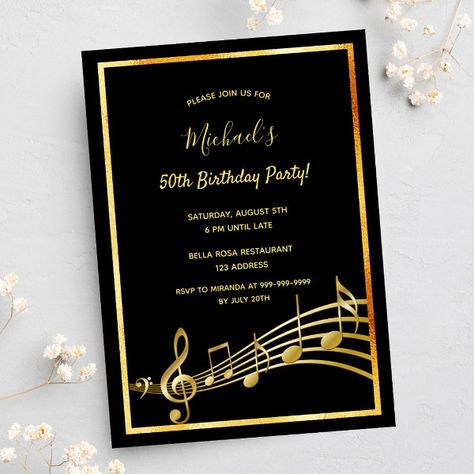 Birthday party black gold music notes invitation Music Themed Birthday Party Invitations, Music Themed Birthday Party, Music Invitation, Music Party Invitations, Gold Music Notes, Music Note Party, Music Birthday Party, 80th Birthday Decorations, 70th Birthday Party