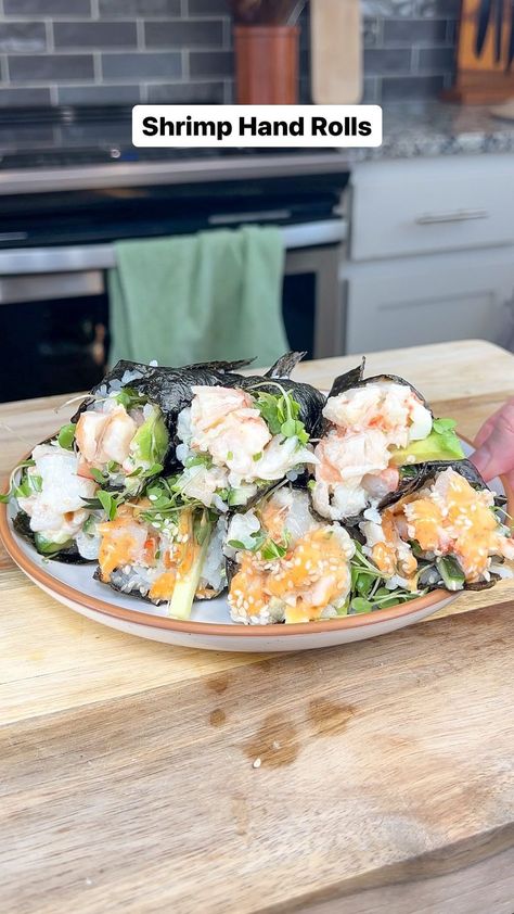 Taylor Jackzen | SHRIMP HAND ROLLS 🍣 share this post with someone you want to make them with! 🤤 These are an easy way to enjoy the refreshing flavors of… | Instagram Hand Roll Sushi, Nori Sheets, Sushi Recipes Homemade, Kewpie Mayonnaise, Cooked Shrimp, Sushi At Home, Frozen Shrimp, Spicy Shrimp, Sushi Recipes