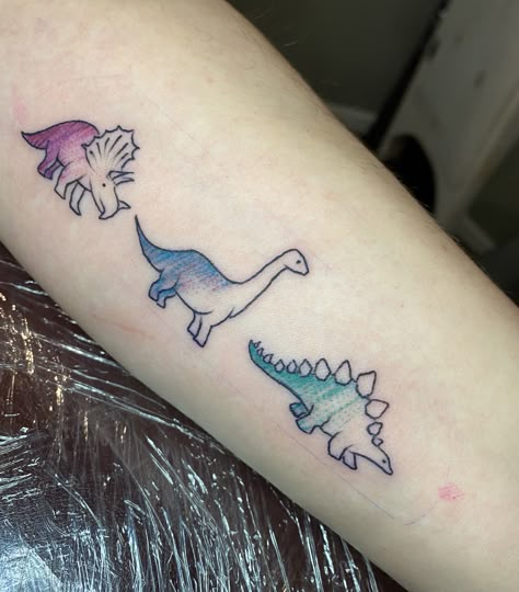 Three Dinosaur Tattoo, Color Tattoo, Dinosaur Tattoo Dinosaur Tattoos Matching, Three Dinosaur Tattoo, Three Tattoos Friends, Sister Dinosaur Tattoos, Colorful Dinosaur Tattoo, Matching Dinosaur Tattoo Best Friends, Three Kids Tattoo, Mini Dinosaur Tattoo, Long Neck Dinosaur Tattoo