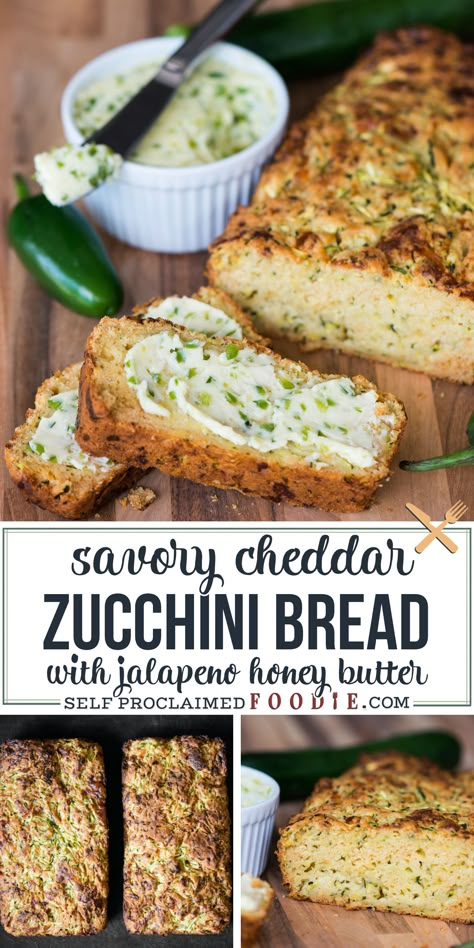 Cheddar Zucchini Bread with Jalapeno Honey Butter made with freshly grated zucchini is a delicious no-added sugar quick bread. Talk about a tasty sweet and savory summer quick bread! #zucchinibread #cheddar #honeybutter #jalapeno #savory #baking #recipe Cheddar Jalapeno Zucchini Bread, Honey Zucchini Bread, Zucchini Jalapeno Cheese Bread, Zucchini Jalapeno Bread, Savoury Zucchini Recipes, Savoury Zucchini Bread, Savory Zucchini Bread Recipes, Zucchini Freezer Recipes, Baking Recipes Savoury