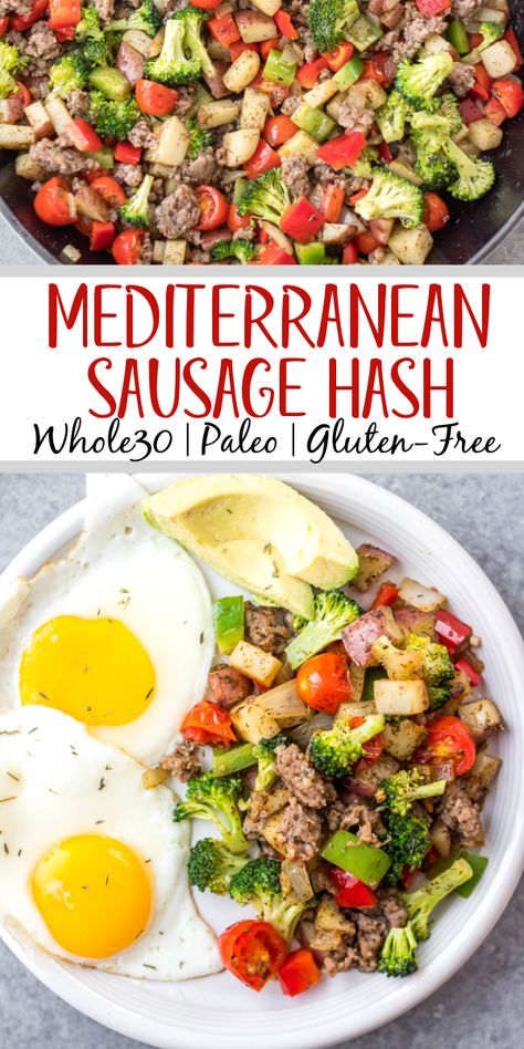 This is the easiest Whole30 and egg free breakfast! Mediterranean breakfast hash, or breakfast skillet, is a one pan recipe that comes together in under 30 minutes. It's full of hearty vegetables like potatoes, onions and broccoli, and seasoned to perfection. It's a perfect paleo or gluten-free meal prep recipe that reheats well, or family friendly option for a quick morning meal. #whole30breakfast #whole30eggfree #breakfastskillet #breakfasthash #glutenfree Whole 30 Hearty Meals, On The Go Paleo Breakfast, Mediterranean Diet Recipes Family Friendly, Mediterranean Sausage Recipes, Quick Mediterranean Breakfast, Paleo Mediterranean Recipes, Mediterranean Diet Recipes For Breakfast, Mediterranean Breakfast Bowl, Mediterranean Diet Recipes Gluten Free