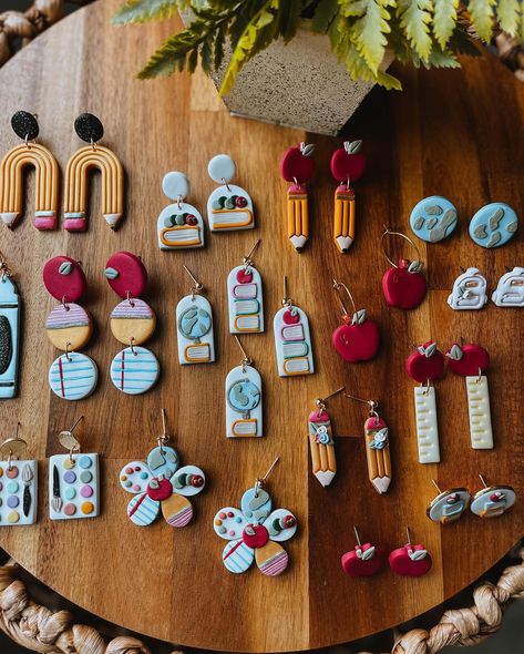 Last day to stock up on Teacher Earrings for Teacher Appreciation and end of the year 15% off! 🍎 the Teacher Collection is linked on our stories 🫶🏻 #teacherearrings #teacheroutfit #teacherappreciationgift Polymer Clay School Earrings, School Clay Earrings, Teacher Polymer Clay Earrings, Teacher Earrings Clay, Teacher Clay Earrings, Earrings For Teachers, Clay Cactus, Teacher Presents, Teacher Jewelry