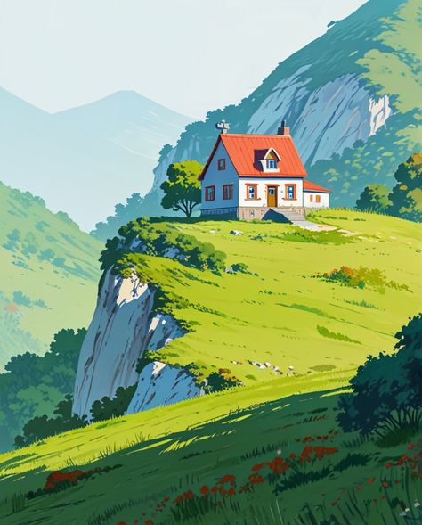 "A House on a Little Hill" #aiart #animeillustration #illustrationart #illustration #illustrator #art #design #drawing #painting #artwork #generativeartworks #house #cozy #hill #valley House On A Hill Painting, Hillside Drawing, Mountain House Drawing, Environmental Drawing, Ohuhu Art, Hill Drawing, Countryside Landscape Painting, Hill Painting, Valley Painting