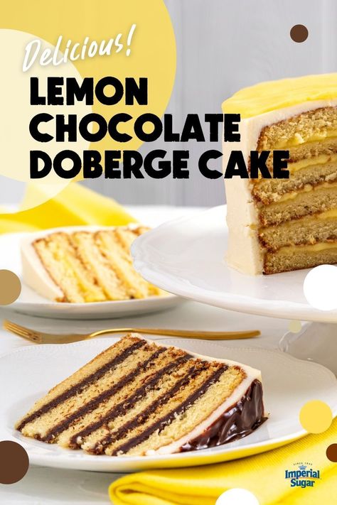 Can’t decide between lemon or chocolate? Then make a Doberge cake! This Lemon and Chocolate Doberge Cake has soft tender buttermilk cake layers sandwiched with superb homemade fillings. A magnificent combination of flavors and textures. For more shower recipes and ideas visit ImperialSugar.com and pin your favorites! Made this recipe? Show us! #imperialsugar #babyshowerideas #weddingshowerideas #lemondesserts Lemon Chocolate Cake, Lemon Doberge Cake Recipe, Chocolate Doberge Cake Recipe, Lemon And Chocolate, Doberge Cake, Sundae Cupcakes, Buttermilk Cake, Chocolate Lasagna, Cake Show