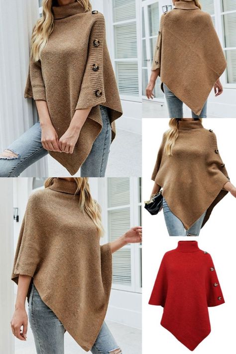 Plus Size Capelet V-Neck Sweater Pullover Cape Women's Knit Shawl Wraps Two-Way Poncho Turtleneck Sweater Chic One-size Poncho For Fall, Knit Fabrication One-size Poncho For Fall, Chic One-size Poncho Shawl, Knit Fabrication Poncho For Fall, One Size, Plaid Sweater Dress, Poncho Pullover, Cozy One-size Poncho With Batwing Sleeves, Turtleneck Poncho, Cape Sweater