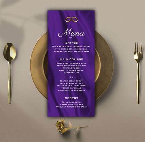 A stylish and elegant purple wedding menu for the wedding reception, featuring a lush, luxe purple pattern of silk. There is a small pair of golden wedding rings at the top on the front of the menu, and all details can be personalized to suit. On the back of the card is the same silky purple design with a custom pair of monograms that can also be personalized to suit. Praline Ice Cream, Whole Beef Tenderloin, Hazelnut Praline, Roasted Green Beans, Apple Tart, Graphic Design Ads, Purple Design, Golden Wedding, Mothers Day Brunch