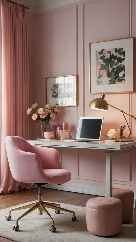 Home office design | Home office ideas | Home inspiration Office Ideas Girly, Girly Office Space, Feminine Home Office Ideas, Pink Office Decor, Office Ideas Home, Office Design Home, Girly Office, Cozy Workspace, Design Home Office