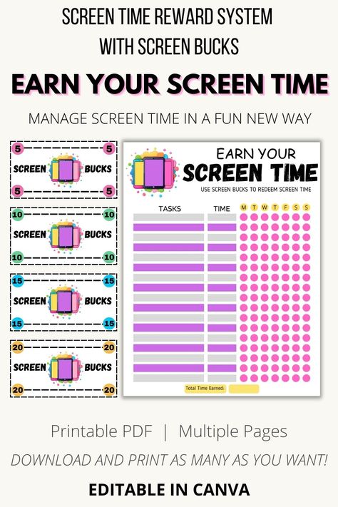 Manage Screen Time in a new fun way with this colorful reward chart system. Teach your child how to budget their screen bucks so that they can make the most out of their screen time. This reward system creates a new method for handling any screen time issues. This product is editable in Canva so that you can customize it to your child's needs. Screen Bucks, Organizing House, Reward Charts, Reward Chart Kids, Reward System, Reward Chart, Charts For Kids, Screen Time, Budgeting