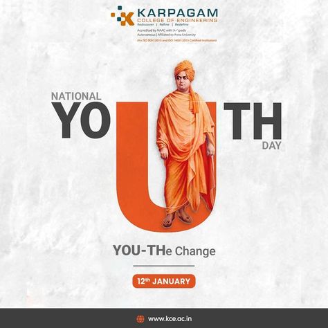 A nation needs diligent, disciplined, hard-working YOUth if it is to grow and develop. When you want to make a change in the country, the change first begins with YOUth. On this National Youth Day, we at Karpagam College of Engineering honor Swami Vivekananda, a legend who recognized the true potential of the youths. Let's give our youth more power sothey can fly higher #youthday #youth #internationalyouthday #nationalyouthday #swamivivekananda #education #india International Youth Day Creative Ads, National Youth Day Creative Ads, National Youth Day Creative, Youth Day Creative Ads, Youth Day Poster Design, Youth Day Poster, Advertising Ideas Marketing, Indian Leaders, Soft Board Decoration