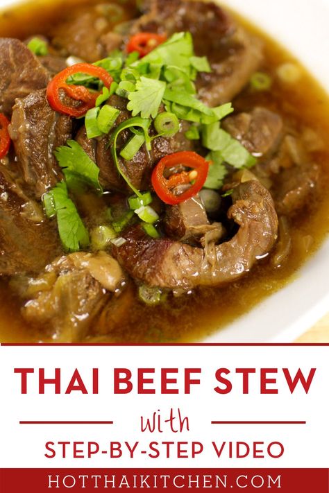 Beef Stew Meat Recipe for you! This flavorful Thai beef stew won’t leave you feeling heavy at the end of the meal! Fork-tender beef is stewed in a broth infused with lots of herbs and spices. Thai Beef Soup Recipes, Asian Beef Stew Recipes, Asian Beef Soup, Asian Stew, Thai Beef Stew, Flavorful Beef Stew, Hot Thai Kitchen, Beef Stews, Thai Recipes Authentic