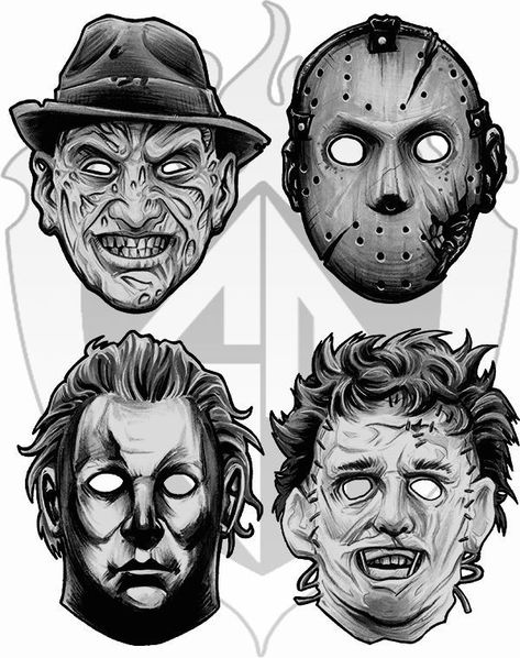 Leatherface Tattoo Ideas, Leather Face Drawing, Leather Face Tattoo Design, Horror Artwork Drawings, Scream Tattoo Design, Movie Tattoo Flash, Horror Characters Drawings, Leatherface Drawing, Drawing Ideas Horror