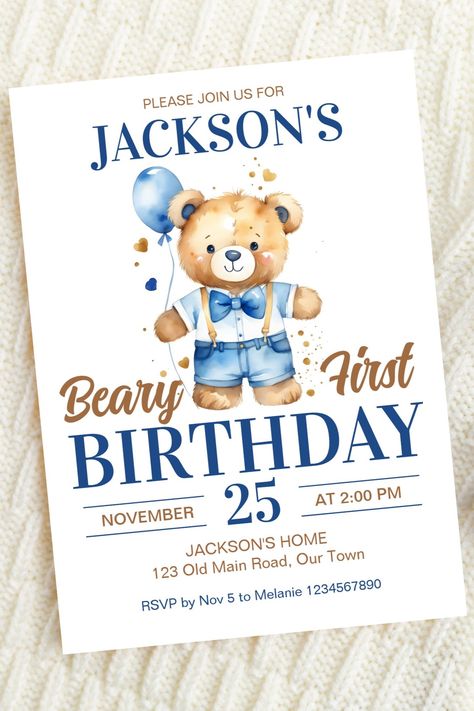 Beary first birthday party editable template invitation digital download cute teddy bear blue pants Teddy Bear First Birthday Boys, Beary First Birthday Boy, Beary First Birthday, Bear Party Invitations, Teddy Bear Birthday Theme Zazzle, Teddy Bear Theme Party 1st Birthdays Blue, Bear Themed Birthday Invitation, Bear Birthday Invitations, Birthday Invitations Bear Theme