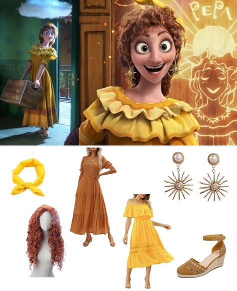 Pepa Madrigal (voiced by Carolina Gaitán) is a member of the magical Madrigal family in the Disney animated film Encanto.  The aunt of Mirabel, Isabela, and Luisa, Pepa possesses a magical power that allows her to control the weather.  Her husband, Félix, has no magical ability of his own, but his fun-loving attitude helps balance out his wife's moods so her powers don't get out of control.  It's pretty easy to find Pepa's dress made for a children's costume, but if you're looking to create her Encanto Dress Up Ideas, Encanto Costumes Diy, Madrigal Family Costume, Encanto Costume Ideas, Encanto Characters Costumes, Encanto Costumes, Encanto Halloween Costumes Diy, Diy Encanto Costume, Encanto Costume Diy