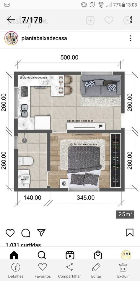 Small House Design Plans 6x6, 5x5 Floor Plan, 25m2 Apartment Plan, 5x5 House Plan, 25m2 Apartment, Small Apartment Plans, Studio Apartment Floor Plans, Mini Apartments, 3d Floor Plans