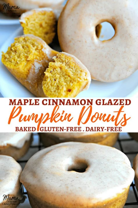 Gluten Free Pumpkin Donut Recipe, Pumpkin Donuts Baked, Dairy Free Donuts, Pumpkin Donuts Recipe, Gluten Free Pumpkin Recipes, Gluten Free Pumpkin Spice, Cinnamon Glaze, Pumpkin Spice Donut, Pan Sin Gluten