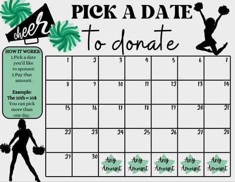 Cheer Pick a Date to Donate, Fundraiser Idea, Pay the Date Fundraiser, Cheerleading Fundraiser, My Cheer Season, Fundraiser Calendar - Etsy Cheerleading Fundraiser Ideas, Cheer Fundraising Ideas, Cheerleader Fundraiser, Cheer Fundraiser Ideas, Dance Team Fundraisers, Cheer Fundraiser, Cheerleading Fundraiser, Fundraising Calendar, Cheer Season