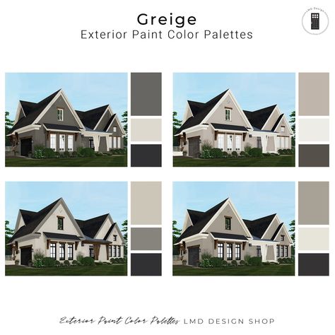 Greige (Gray-Taupe) - 4 Pre-Made Exterior Paint Color Schemes This listing is for four greige (a mix of gray and taupe for a neutral, slightly warm color) pre-made exterior paint color schemes. The color schemes shown on the listing rendering (cover) are the palettes you will receive but with the paint color details (name and color number) shown upon purchase.   Each color scheme option shows the equivalent color names and numbers for the following paint manufacturers: *Sherwin Williams  *Benjamin Moore *Behr *Valspar  As a professional interior designer with over 20 years of experience, I have learned that exterior color selection is one of the biggest needs.  Painting your exterior is an expensive and large-scale project - thus the paint colors need to be just right!  This listing provid Greige House Exterior, Gray Exterior Paint, Exterior Paint Color Schemes, Grey Exterior House Colors, Exterior Gray Paint, Gray House Exterior, Gray Exterior, House Exterior Paint, Paint Palettes