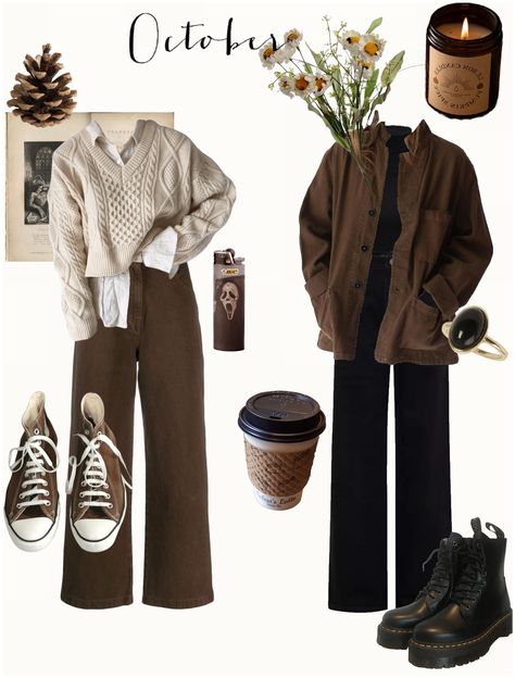 Urban Academia Outfits, Casual Dark Academia Outfits Fall, November Aesthetic Outfits, Grunge Academia Aesthetic Outfit, Witch Autumn Outfit, Easy Thanksgiving Outfit, Autumn Outfits Aesthetic Dark Academia, Brown Academia Aesthetic Outfits, Spencer Reid Outfit Ideas