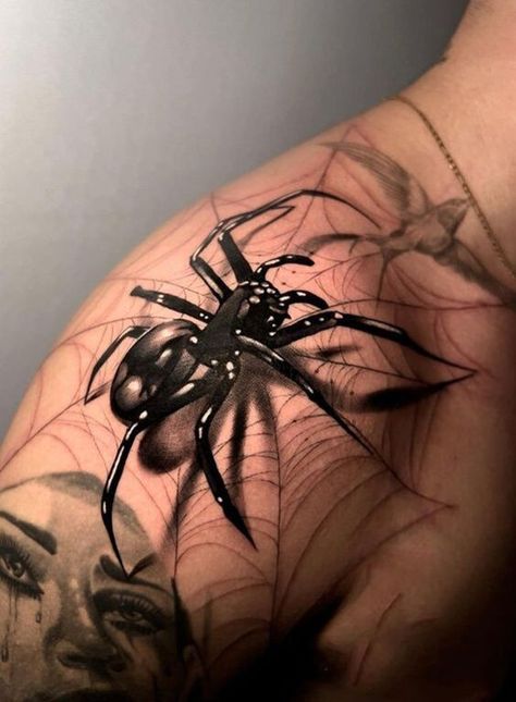 Spectacular Spider-Man Tattoo Trends of 2024 - Designs & Ideas Spider Arm Tattoos Men, Spider Shoulder Tattoo Men, Spider Shoulder Tattoos For Women, Spider Tattoo On Shoulder, Spider Tattoos Men, Spider Shoulder Tattoo, Spider Tattoo Shoulder, Spider Back Tattoo, Spider Tattoo Men