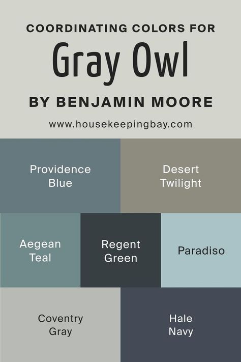 Gray Owl 2137-60 Coordinating Colors by Benjamin Moore Benjamin Moore Gray Owl Color Scheme, Gray Owl Palette, Hale Navy Benjamin Moore Coordinating Colors, Grey Owl Coordinating Colors, Grey Owl Benjamin Moore Complimentary Colors, Gray Owl Coordinating Colors, Bm Desert Twilight, Grey Owl Benjamin Moore, Bm Hale Navy