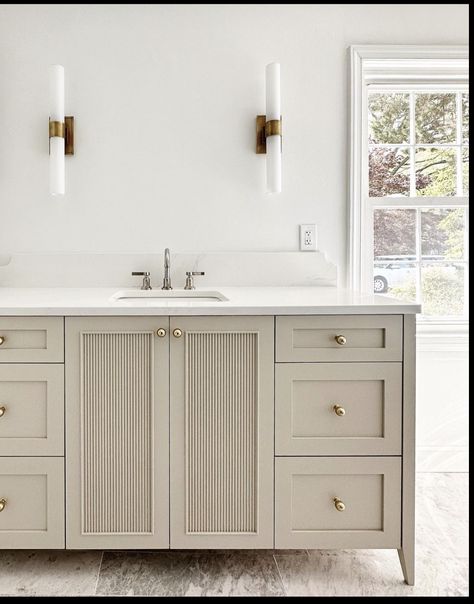 Fluted Vanity Cabinet, Light Taupe Bathroom Cabinets, Taupe Bathroom Cabinets, Taupe Bathroom Vanity, Taupe Vanity, Custom Vanity Cabinets, Taupe Bathroom, Powder Room Vanity, Custom Bathroom Vanity