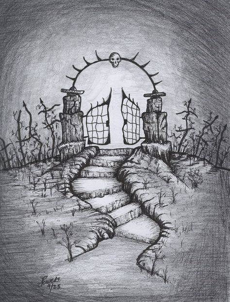 Scary Landscape Drawing, Cemetery Drawing Easy, Cemetery Drawing Graveyards, Outside Drawing Ideas, Graveyard Drawing Illustration, Scary Background Drawing, Cemetery Sketch Drawings, Graveyard Keeper Art, Crooked House Drawing