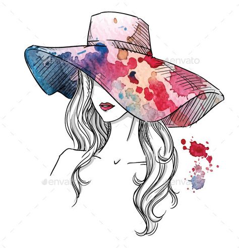 Sketch of a Girl in a Hat - People Characters Hat Fashion Illustration, Sketch Of A Girl, Hat Vector, Mens Fashion Illustration, Nature Green, Girl Sketch, Illustration Sketches, Girl With Hat, Design Sketch