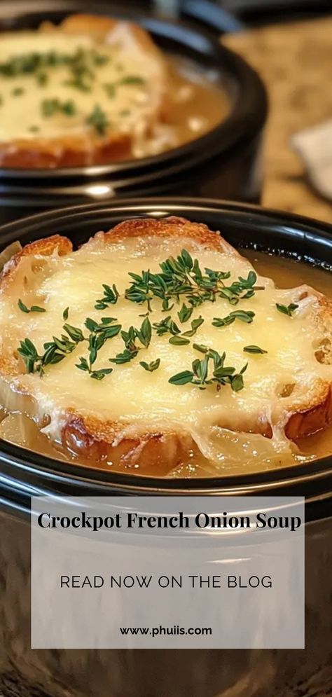 Crockpot French Onion Soup is a warm, hearty dish that captures the essence of comfort food. This recipe transforms simple ingredients into a rich, flavorful soup that’s perfect for chilly evenings. The slow cooking process allows the onions to caramelize beautifully, creating a deep, sweet flavor that pairs perfectly with the savory beef broth and melted cheese topping. French Onion Soup Crockpot, French Onion Soup Slow Cooker, Onion Soup Crockpot, Crock Pot French Onion Soup, Slow Cooker French Onion Soup, Crockpot French Onion Soup, French Onion Soup Recipe, Summer Foods, Savory Soups