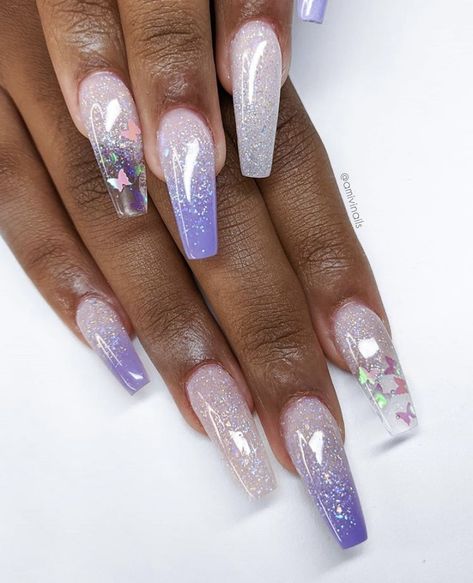 Lavender Fairy Nails, Lavender Nails With Butterflies, Light Purple Ombre Nails, Lilac And Silver Nails, Lilac Nail Designs, Light Purple Nails With Glitter, Purple Silver Nails, Purple Wedding Nails For Bride, Lavender Wedding Nails