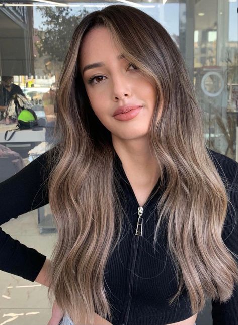 Blonde Balayage On Black Hair Straight, Beige Brown Hair Balayage, Milky Brunette Hair, Natural Ash Brown Balayage, Light Brown Balayage Blonde Dark Roots, Mousey Brown Hair Balayage, Dark Brown To Light Brown Hair, Work Bbq Outfit, Beige Brunette Balayage