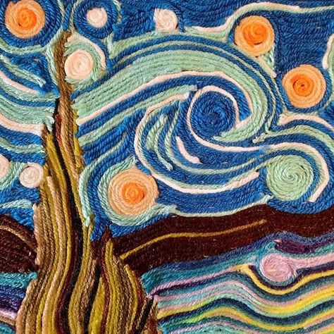 Starry Night Yarn Art, Yarn Art On Paper, Weird Art Projects, Art Projects College, High School Fiber Art Projects, Yarn Painting Ideas, Yarn Art On Canvas Diy, Yarn Painting Art Ideas, Yarn Canvas Art