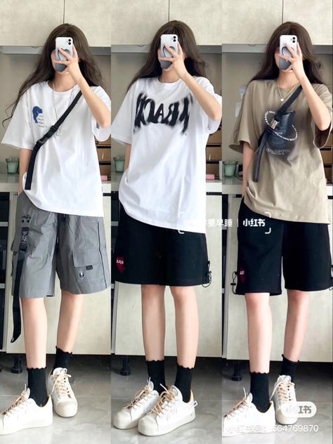 Cute Korean Summer Outfits Street Styles, Tomboy Outfit Ideas Summer, Tomboyish Summer Outfits, Korean Tomboy Summer Outfits, Tomboyish Outfits Casual, Tomboy Style Outfits Shorts, Tomboy Outfits With Shorts, Boyish Outfits Summer, Ootd Tomboy Girl