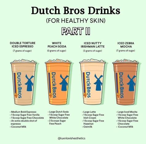 Low Cal Dutch Bros Drinks, Low Calorie Dutch Bros Drinks, Torani Syrup Recipes, Dutch Bros Drinks, Starbucks Orders, Coconut Syrup, Low Calorie Drinks, Raspberry Coconut, Iced Mocha