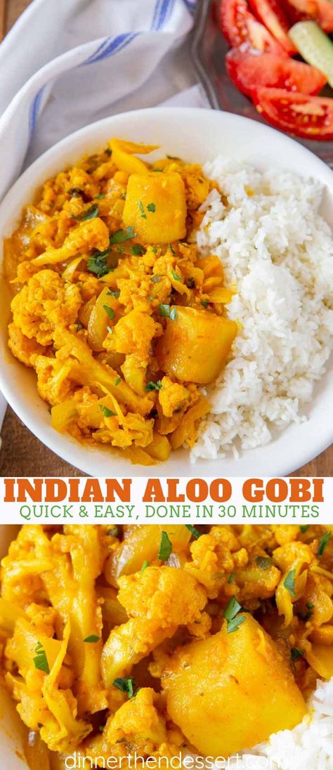 Aloo Gobi is the PERFECT vegetarian dinner made with fresh cauliflower and potatoes steamed and sautéed with seven different spices, ready in under 30 minutes! Cauliflower And Potatoes Curry, Vegan Dinner Indian, Allo Gobi Recipe, Indian Aloo Gobi, Potato And Cauliflower Curry, Potatoes And Cauliflower Recipes, Indian Cauliflower Recipes Aloo Gobi, Curry Cauliflower Recipes, Cauliflower Potato Curry