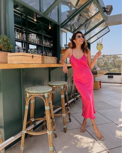 Hot Pink Slip Dress Outfit, Pink Slip Dress Outfit, Pink Satin Dress Outfit, Slip Dress Outfit Summer, Hot Pink Sundress, Hot Pink Dress Outfit, Hot Pink Silk Dress, Hot Pink Slip Dress, Hot Pink Satin Dress