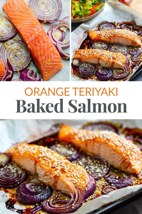 This orange teriyaki baked salmon with red onions is a delicious, healthy dinner meal. This salmon recipe is Paleo, Whole30, and gluten-free friendly and can be served with a side of vegetables, salad or with rice if desired. via @irena_macri Paleo Stir Fry, Salmon With Orange, Asian Salmon Recipes, Vegetables Salad, Delicious Paleo Recipes, Dinner Meal, Baked Salmon Recipes, Pescatarian Recipes, Healthy Fish