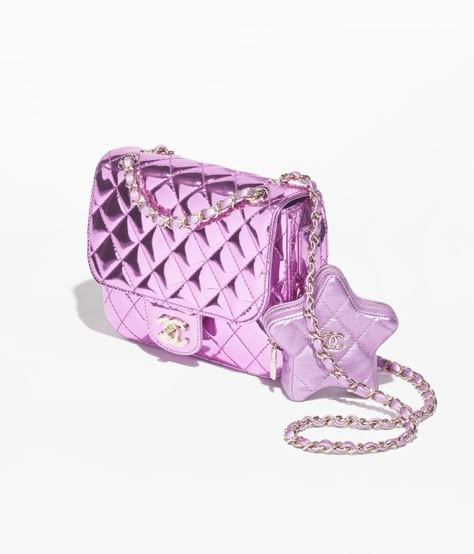 CHANEL - Mini Flap Bag & Star Coin Purse Mirror Calfskin, Metallic Calfskin & Gold-Tone Metal, Light Purple - AS4647B14873NT667 - Handbags Chanel 2024, Chanel Mini Flap Bag, Purse Mirror, Moda Chanel, Purple Mirror, Cruise 2023, Mode Chanel, Chanel Store, Chanel Cruise