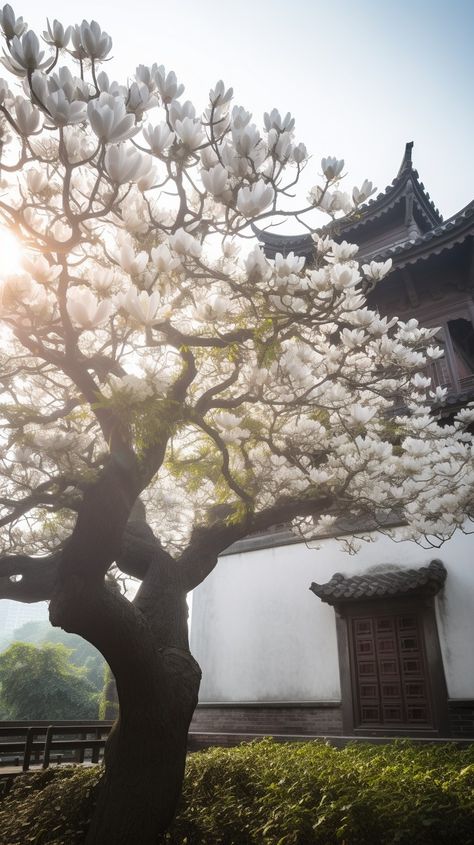 Summer morning,Magnolia tree,White magnolia blooming,Fuzzy background ancient Chinese architecture,Sunshine,Super fine detail,Ultra high definition image quality,512k,HD Magnolia Tree Art, Magnolia Tree Aesthetic, Jun Core, Dragon Adoptable, Japanese Magnolia Tree, White Magnolia Tree, Ancient Japanese Architecture, Chinese Magnolia, Ancient Chinese Aesthetic