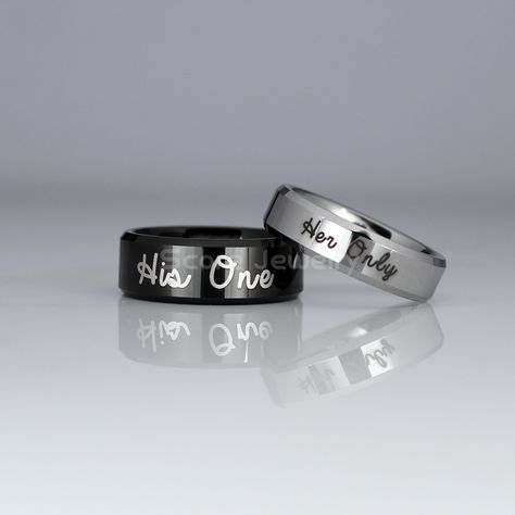 2 Piece Set Tungsten Bands with Beveled Edge "His One, Her Only" Ring, CUSTOMIZE Any Message OUTSIDE Ring - 8mm & 6mm Tungsten Rings by ScoreCustomJewelry on Etsy Raiders Wedding, Wedding Ring Matching, Couples Wedding Rings Set, Matching Wedding Ring, Matching Promise Rings, Matching Couple Bracelets, Wedding Ring Bands Set, Beautiful Wedding Bands, Matching Wedding Rings