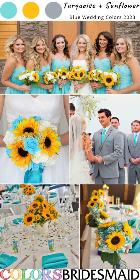 May Wedding Colors Flowers, April Wedding Theme Ideas, Turquoise Blue Wedding Theme, Wedding Colors And Themes, Fall Wedding With Turquoise, Wedding Ideas Sunflowers Color Schemes, Sunflower Wedding Bridesmaid Dresses, Western Wedding With Turquoise, Sunflower Themed Wedding Color Combos