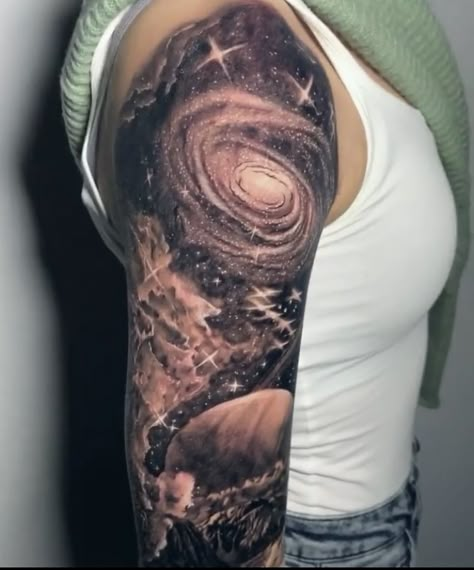 Black And Gray Galaxy Tattoo, Milkyway Tattoo Black And White, Spaced Out Sleeve Tattoo, Cool Space Tattoos, Star Sleeve Tattoo, Space Tattoo Ideas, Star Wars Tattoo Sleeve, Galaxy Tattoo Sleeve, Arm Cover Up Tattoos