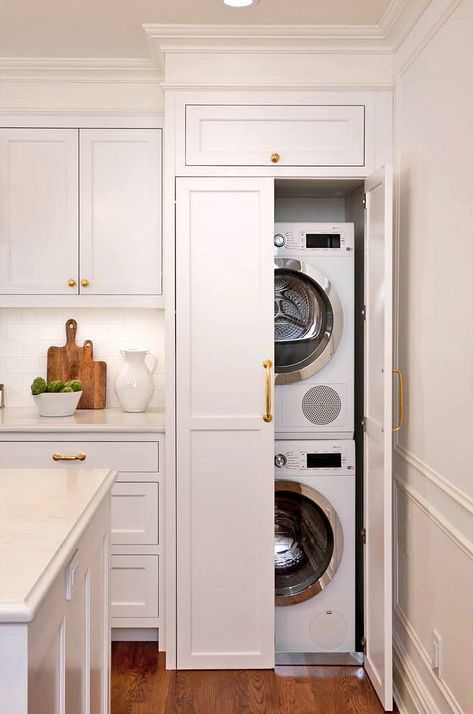 Laundry In Kitchen, Laundry Cupboard, West Village Townhouse, Stacked Laundry Room, Hidden Laundry, Laundry Room/mud Room, Pantry Laundry, Laundry Room Closet, Custom Kitchens Design