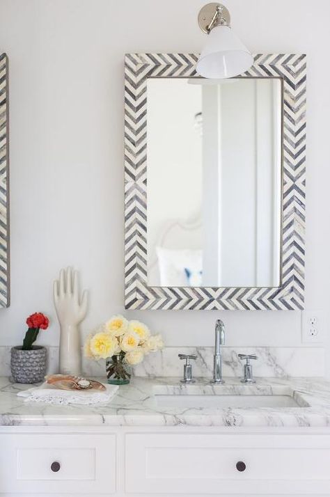 West Elm Parsons Bone Herringbone Mirror White And Black Bathroom, Urban Bathroom, Pearl Mirror, Sconces Fireplace, Chevron Mirror, Decor Pad, Sconces Living Room, Interior Design Portfolios, Fitness Shirts