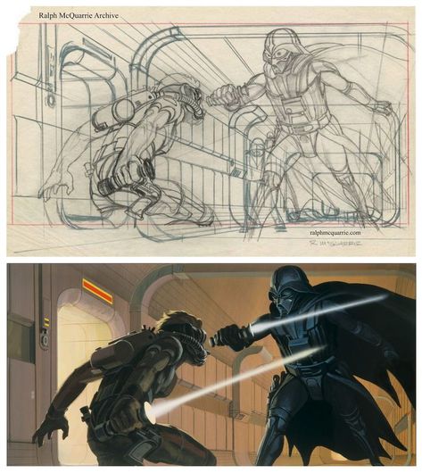 ANH: In February 1975, McQuarrie completed his second painting for Star Wars. Simply titled “Laser Duel”, it would go on to become one of his most famous Star Wars paintings. It features LORD DARTH VADER, BLACK KNIGHT OF THE SITH (as described in the 2nd draft screenplay) pitted against Deak Starkiller. While commonly referred to as the “Luke versus Vader” painting (even by George Lucas), there was never a moment in the original screenplay where Luke and Vader faced off with lightsabers. Star Wars Ralph Mcquarrie Concept Art, Night Brother Star Wars, Darth Vader Face, Star Wars Sith Lords, George Lucas Star Wars, Famous Star, Star Wars Painting, Ralph Mcquarrie, Star Wars Books