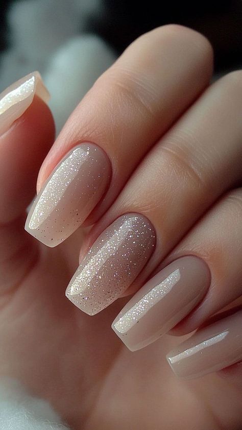 Neutral Nail With Sparkle, Nail For Bridesmaid, Nuteral Nails Cute Short, Neutral November Nails, Milky Pink Nails With Design, Nail Extension Designs Nude Color, Neutral New Years Nails, Nude Nails Sparkle, Neutral Bridesmaid Nails