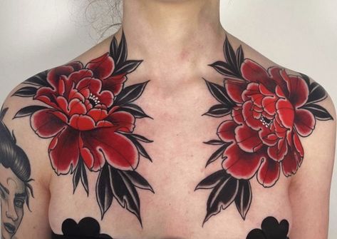 Peony Chest Tattoo Female, Peony Chest Tattoo, Traditional Shoulder Tattoos For Women, American Traditional Peony, Neo Trad Flowers, Traditional Neck Tattoo, Traditional Floral Tattoo, Neo Traditional Chest Tattoo, Chest Tattoo Flowers